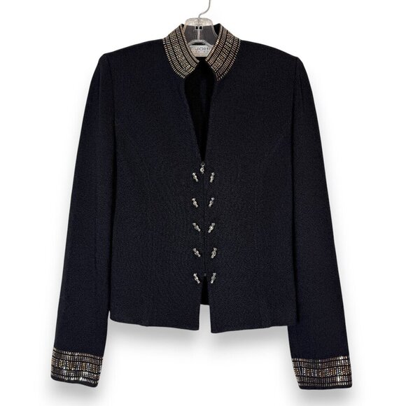 St. John Santana Knit Jacket Blazer Black and Gold Sequin Zip Cocktail Medium - Picture 1 of 12